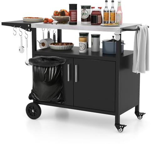 GOPLUS Desserte Jardin pour Plancha Barbecue 3 Niveaux, Îlot Cuisine avec Plan de Travail Pliant,Porte-Serviettes, 6 Crochets,Mobile Préparation Exterieur,Charge 100KG