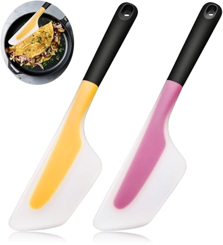 Bigwinyep Omelette Spatula, Silicone Spatula Heat Resistant Flip and Fold Omelette Turner for Kitchen Omelet Pancake Crepes, Pink&Yellow