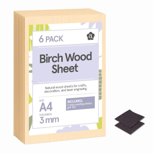 Ayurvana Birkensperrholzplatten, A4, 6 Stück, 3 mm dick, für Lasergravur, CNC-Schnitt, Basteln und Dekorieren – inklusive Schleifpapier