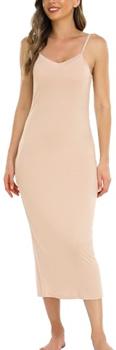Vlazom Women's Nightdresses, Long Slip Dress for Ladies Soft Full Slip Petticoat Spaghetti Strap Chemises V Neck Nightgown Nude,3XL