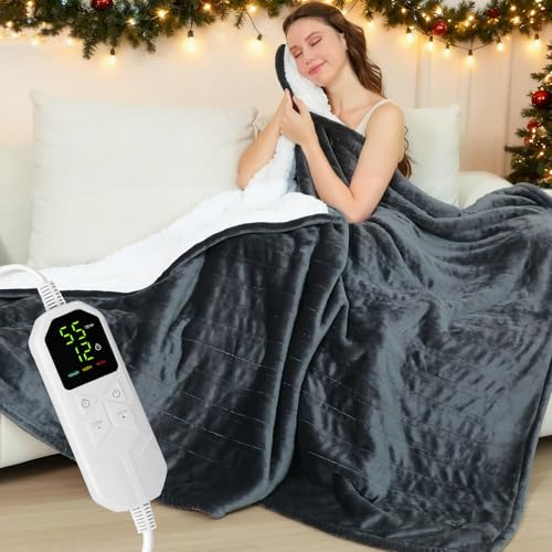 Warmfay Heizdecke mit Abschaltautomatik, 180 × 130 cm Flanell Elektrische Wärmedecke mit 8 Heizstufen & 1-12 Stunden Timer, Überhitzungsschutz, Waschbar Kuscheldecke für Bett & Sofa - Dunkelgrau