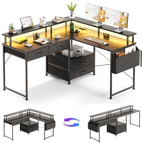 Flrrtenv 130x120cm L Shaped Desk with Power Outlet & LED Lights, 4 Drawers Reversible Gaming Corner Computer Desks for Workstation, Home Office Desks with Monitor Shelf & Storage Shelves,Black