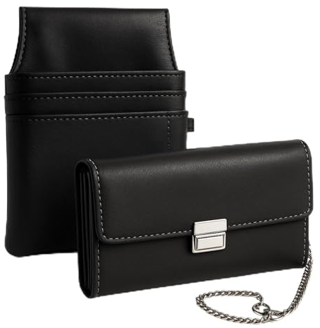 bhb Kellner Geldbörse Set – Kellnerbörse, Geldbeutel, Damen Herren Portemonnaie mit Holster und Kette, großes Münzfach, für Taxi, Restaurant, Pizza (Schwarz)