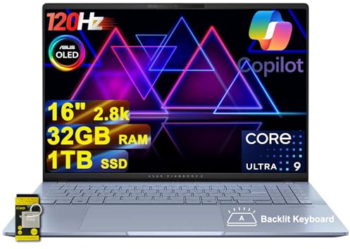 ASUS Vivobook S16 AI PC Laptop 16 2.8k OLED 120Hz (600nits, 100% DCI-P3) Intel 16-core Ultra 9 285H 32GB RAM 1TB SSD Backlit for Creator Designer Business Professional Win11 ICP Hub
