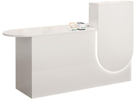 BVCL Empfangstheke mit LED-Beleuchtung, Schublade mit Schloss, Moderner Schreibtisch aus Holz mit Großzügigem Stauraum für Büro, Salon oder Empfangsbereich(White - Right,Width 140cm)