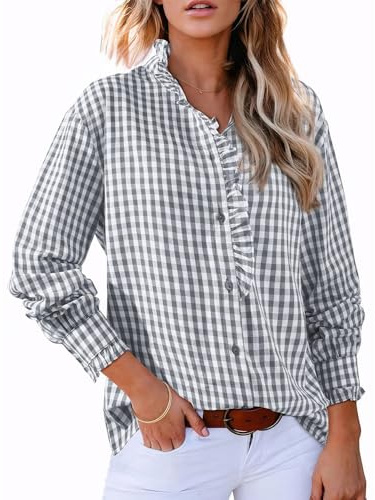 Blusa a Cuadros con Cuello en V y Botones para Mujer Tops Vintage Casuales de Manga Larga para otoño Camisas a Cuadros Bonitas (Gray,M)