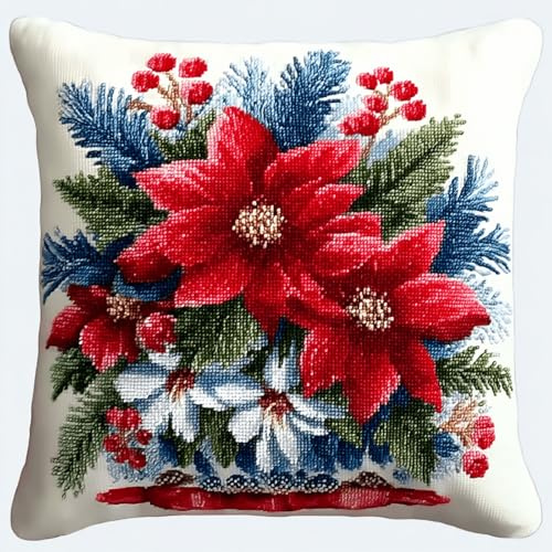 Kit Tapis Point Noué DIY 43x43cm,Fleurs de poinsettia de Noël,Kit de Crochet de Verrouillage avec Coussin à Faire Soi-Même pour Débutants,Adultes et Enfants,Décoration et Activité Manuelle