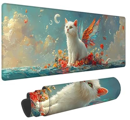 Tapis de Souris de Jeu, 1400 x 600 mm XXL Tapis Souris Gaming Grand, Antidérapant Étanche, Extended Long Clavier Mouse Pad, Accessoire Bureau, pour Gamer, Ordinateur, PC, Cadeaux (Ange Chat) X-764