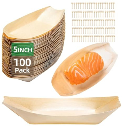 Osmond Juego de 100 Platos Desechables de Madera, Platos de, Bandejas de Comida, Platos de Postre Desechables y Barquitos de Comida Desechables.