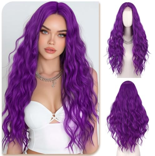Sofeiyan Parrucca con Lunghi Ondulati,70 cm Viola Scuro Parrucche Sintetiche Naturale per Donne,Frangia con Riga Centrale e Dettaglio in Pizzo,per Quotidiano,Feste,Cosplay