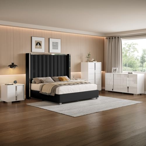 AMERLIFE 5-Piece Modern Bedroom Sets with Queen Size Upholstered Platform Bed Frame, 58 Wingback Headboard, Spacious 6-Drawer Dresser, Tall Chest, and 2 Coordinated Nightstands, Black and White