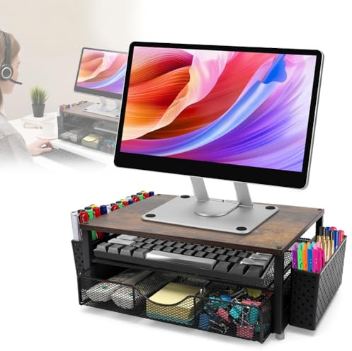 CEWROM Supporto per monitor, ergonomico, per scrivania, ufficio, con sistema di cassetti a 3 livelli e portapenne, altezza dello schermo per ufficio domestico (36 x 25 x 15 cm)