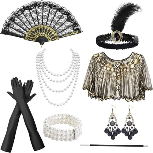 AWAVM 1920er Jahre Kostüm Damen Accessoires,20er Jahre Accessoires,1920 Zubehör Set mit Flapper Stirnband Handschuhen Perlenkette Ohrringen,Perfekte für Federboa Schwarz, Karneval, Fasching (8)