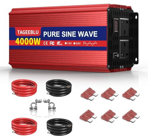 TAGEEBLU Pure Sine Wave Power Inverter 4000w DC 12V to AC 240V Voltage Converter with 2 AC Outlets,for Motorhomes,Trucks,Boats,Camping,8000W Peak Power