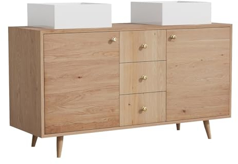Vente-unique-Mueble de baÒo de Roble Macizo con Lavabo Cuadrado sobre encimera - Natural Claro - 145 cm - ZARENO