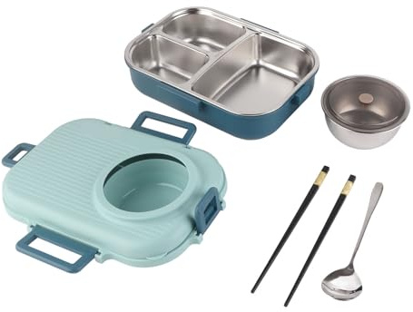 Térmica Portátil de Acero Inoxidable, Caja a Prueba de Fugas de 1100ml para Familia con Tazón de Sopa, Cuchara y Palillos (BLUE)