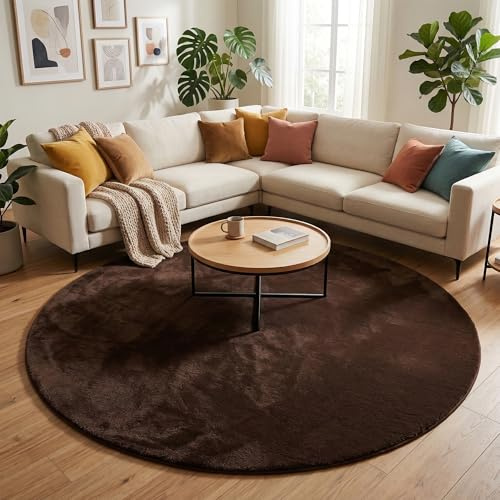 Pergamon Luxus Fellteppich Pearl Dunkelbraun Rund – Super Soft Kunstfell Hochflor Teppich