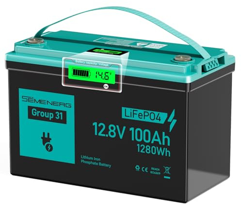 SEMENERG 12V LiFePO4 100Ah Batterie mit LED, 12,8V Lithium Batterie | 100A BMS, IP65 wasserdicht, bis zu 15000 Zyklen, für Trolling Motor, Solaranlagen, Fish Finder, Marine Batterie
