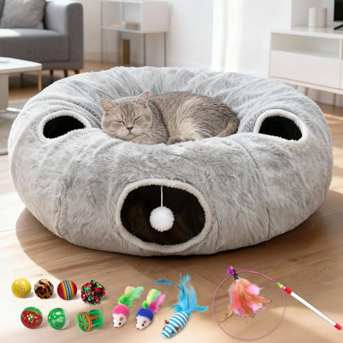 Fayavoo Katzentunnel Rund Grau mit Katzenbett Flauschig für Indoor-Katzen | Plüsch Katzen Donut Tunnel mit 3 Eingängen, 11 Spielzeugen und Matte, Katzenkörbchen Tunnel, DIY-Design für Haustiere