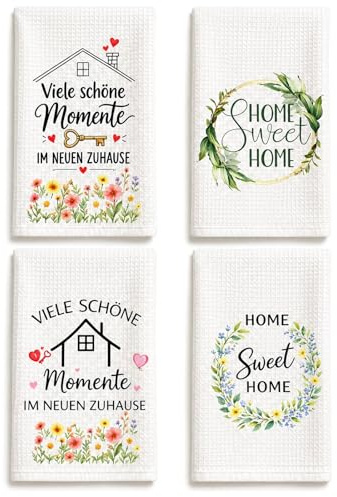 RgitFzi Einzugsgeschenke Wohnung, Geschenk Zum Einzug, 4er Geschirrtücher Set Mit Home Sweet Home Motiv, Einweihungsgeschenk Für Neue Wohnung Haus Küche Freunde Familie