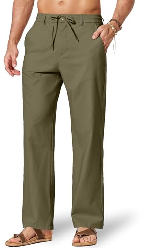 COOFANDY Men's Cotton Linen Trousers Summer Elasticated Waist Drawstring Pants Casual Beach Lightweight Trousers
