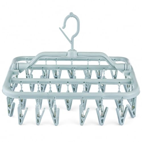 Lightista Clothes Drying Hanger with 32 Clothes Pegs & 360° Rotatable Hook, Multi-purpose Foldable Drip-Dry Sock Rack for Washing Line, Plastic Peg Hanger for Socks, Underwear, Bras, Baby Clothes