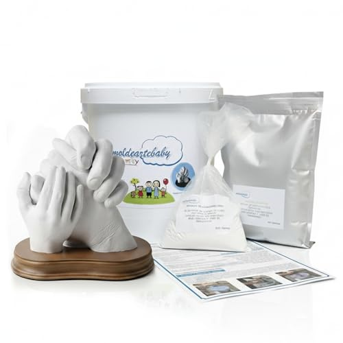 MOLDEARTEBABY UN RECUERDO INOLVIDABLE Kit para Escultura Manos Familia en 3D Alginato Moldes para Escultura Pareja y Niños, Regalos Originales, Bodas de Plata (Family, hasta 5 Manos (con Peana))