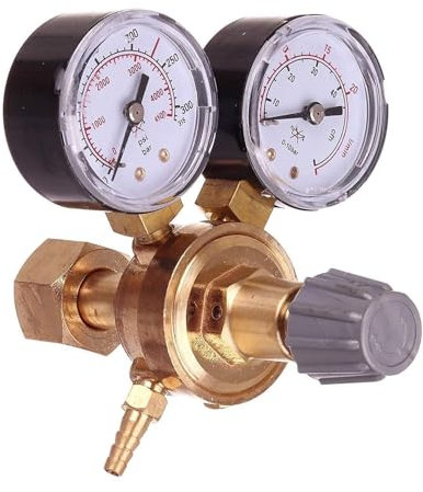 Druckminderer für Gasflaschen mit Argon (Ar) oder Kohlendioxid (CO2), Einlassgewinde B21,8 x 1/14, Auslassgewinde G 1/8 + Schlauchanschluss