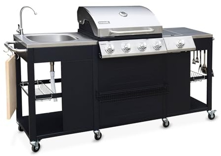 Alice's Garden - Barbecue. cuisine extérieure gaz - D'Artagnan - Barbecue 5 brûleurs dont 1 feu latéral. inox et noir. évier. planche à découper bois. ustensiles