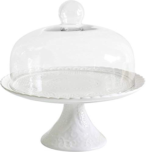 Eplze Ceramic Cake Display Stand with Glass Dome Lid-Embossed Lace Pattern