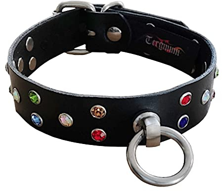 BDSM Halsband Halsfessel aus Rindsleder mit O-Ring und bunten Glaskristallen