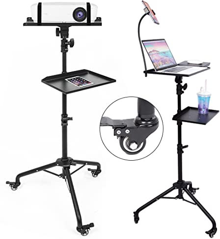 BOLLUMA Supporto per treppiedi per proiettore con 3 ruote girevoli e borsa per il trasporto, altezza regolabile 81-130 cm con supporti per telefono, per laptop, proiettore, DJ Divices