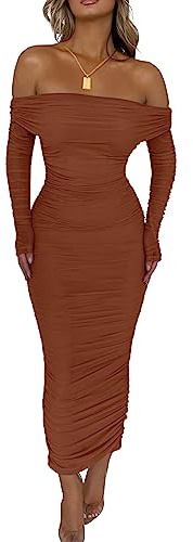 PRETTYGARDEN Women's Fall Off Shoulder Maxi Bodycon Dress Long Sleeve Ruched Fitted Club Dresses with Slit (Caramel,Large)