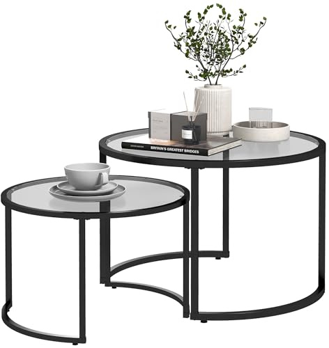 HOMCOM Lot de 2 Tables Basses gigognes Rondes 70/54 cm Plateau Verre trempé et Pied en Acier au Carbone Design Moderne Noir
