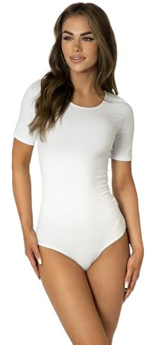 Alkato Body Mujer Manga Corta de Algodón – Body Mujer con Cuello Redondo y Cierre de Corchetes, Blanco, M (Long 170-176 cm)