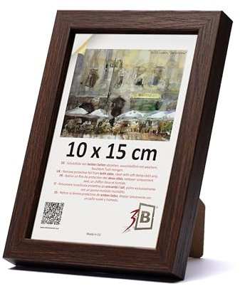3-B MEGA - Cornice portafoto in legno, colore marrone scuro (noce con venature ottiche del legno), 10 x 15 cm, cornice in legno, cornice per foto con vetro acrilico