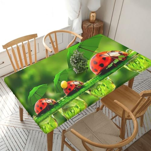 ROOZEE Lustige Marienkäfer hält Regenschirme bedruckte rechteckige Tischdecke, 152 cm, Polyester, wasserdicht, Tischabdeckung, Schutz für Esszimmer, Küche, Picknick