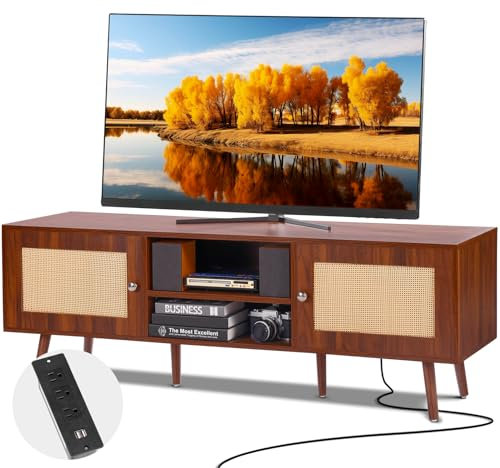 VEVOR Meuble TV en Rotin pour Téléviseur de 65 Pouces, Banc TV Moderne Milieu du Siècle Bohème, Console TV avec Prise Intégrée et Ports USB, Étagères Réglables, pour Salon, Salle Multimédia, Noyer