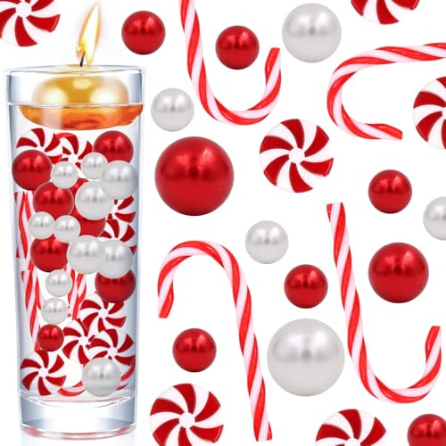 Weihnachtsperlen Vasenfüller, 106 Stück Weihnachtsvasen Füller, Zuckerstangen Weihnachtsperle, Wasserperlen für Schwimmkerzen, Weihnachtsdeko für Wasserperlen Christmas Vase Filler (Rot Weiß)