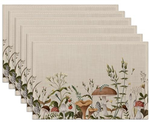 Mushroom Plants Placemats Set of 6,Washable Heat Resistant 12×18 Inch Linen Table Mats Fall Place Mats for Party Outdoor Dining Décor
