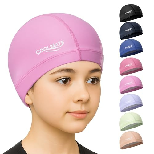 COOLMATE Fabric Swim Cap for Adult Women Men Kid 3 4 6 8 14 16, Silicone Water Resistant Layer, Cloth Swim Cap Gifts for Swimmers, Lightweight for Pool, Lap Swimming (1 pc) (Light Pink, S)