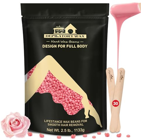 Lifestance 1125 g formulerade vaxpärlor för nybörjare med 10 träspatlar för hårborttagning, rosa vaxpärlor för bikini, ben och armhålor