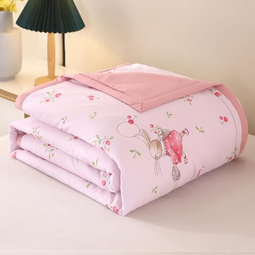 Odot Coverless Duvet Single 4.5 Tog 150x200cm - Summer Single Girls Coverless Quilted Pink Bunny Printed, Reversible Bedspreads Blanket Throw For Kids