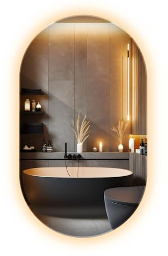 Miroir Mural Oval 40x70 cm avec Éclairage, Lumières LED et Lumière Chaude Forme Élégante sans Cadre Design Suspendu Vertical et Horizontal Bords Polis pour Salle de Bain ou Couloir