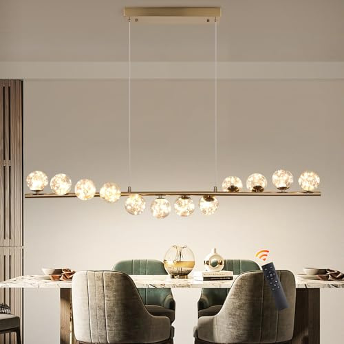 GEADI Lustre Doré, 50W LED Lampe Suspendue Cuisine Moderne, 120cm Suspension Luminaire Réglable, 12 Lustres Boule de Verre, Pour Salle à Manger, Salon, Repos