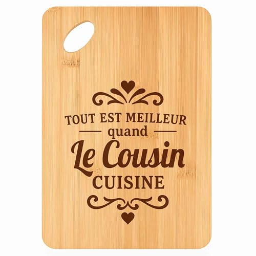 Planche à Découper Meilleur Quand le Cousin Cuisine - Plateau Apéro en Bambou Cadeau Gravé pour Homme Anniversaire Famille Cuisine Barbecue