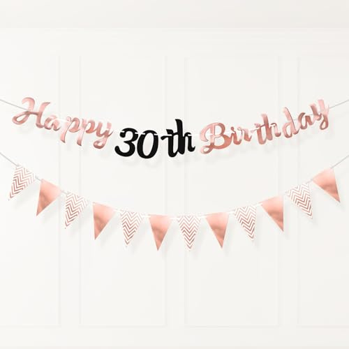 PartyYaa 30. Geburtstag Banner Deko, 30. Geburtstag Girlande & Dreiecksflagge, Rose Gold Party Dekoration für Männer und Frauen