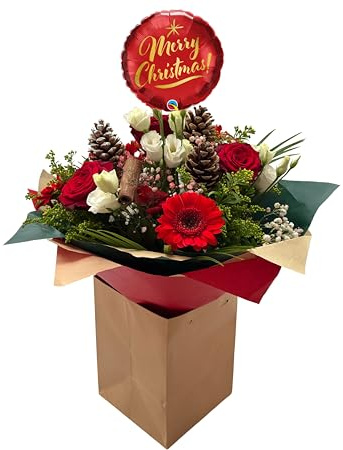 Festive Indulgence (Balloon) Christmas Arrangement Red Roses, Gerbera, Pine Cones, White Blooms and Greenery, Winter Floral Gift Bouquet, Seasonal Fresh for Holiday