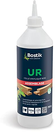 Bostik UR - Colle Vinylique Bois - D2 - Assemblage et Placage Bois Toutes Essences - Prise Ultra Rapide - Intérieur - Résistant à l'Humidité - Blanc, Translucide Après Séchage - 1 Biberon 750 g