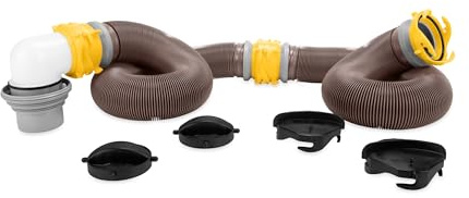 Camco 39634 Revolution 20' Sewer Hose Kit with 360 Degree Swivel Fittings and 4-in1 Elbow Adapter, Ready to Use Kit with Hose and Adapter (Frustration-Free Packaging)